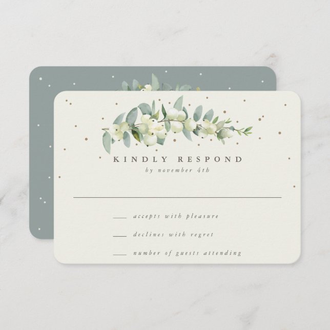 Cartons Réponse Snowberry vert/crème+Eucalyptus Mariage à tige (Devant / Derrière)