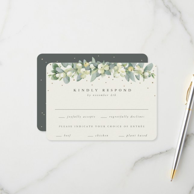 Cartons Réponse Snowberry vert/Crème+Mariage Garland Eucalyptus (Devant/Arrière en situation)
