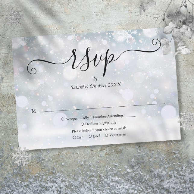 Cartons Réponse Snowflakes d'hiver Élégant Mariage Script (Winter Snowflakes Elegant Script Wedding RSVP Card)