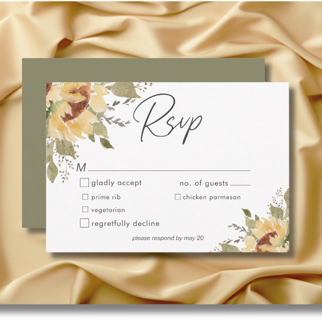 Cartons Réponse Soft Rustic Grand Boho Sunflowers Mariage Dîner (Soft Rustic Large Boho Sunflowers Wedding Dinner RSVP Card)