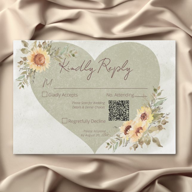 Cartons Réponse Soft Sunflowers Boho Heart Mariage QR Code (Soft Sunflowers Boho Heart Wedding QR Code RSVP Card)