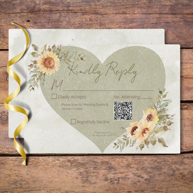 Cartons Réponse Soft Sunflowers Boho Heart Mariage QR Code (Soft Sunflowers Boho Heart Wedding QR Code RSVP Card)