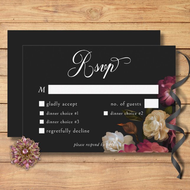 Cartons Réponse Sombre Moody Bourgogne & Céramique Peonies Dîner N (Dark Moody Burgundy & Cream Peonies Black Dinner RSVP Card)