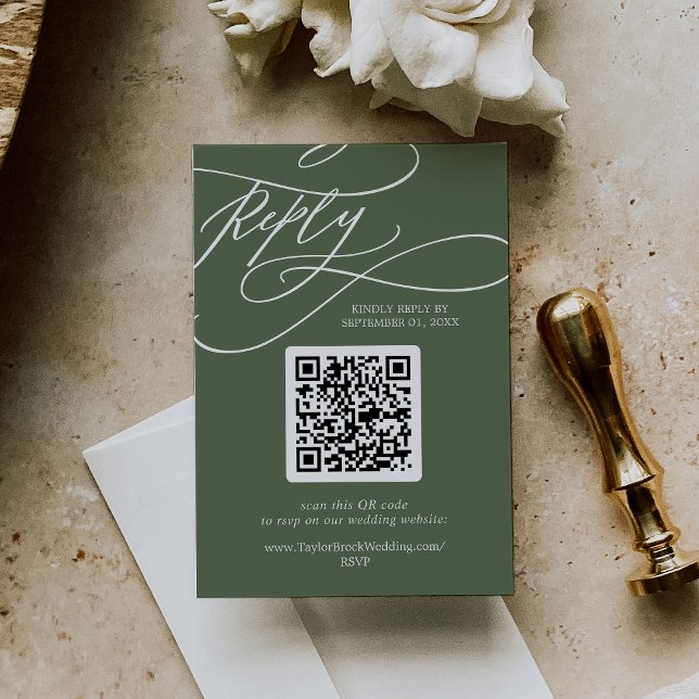 Cartons Réponse SOPHIA QR Code Russe Woodland Mariage vert olive (SOPHIA QR Code Rustic Woodland Olive Green Wedding RSVP Card)
