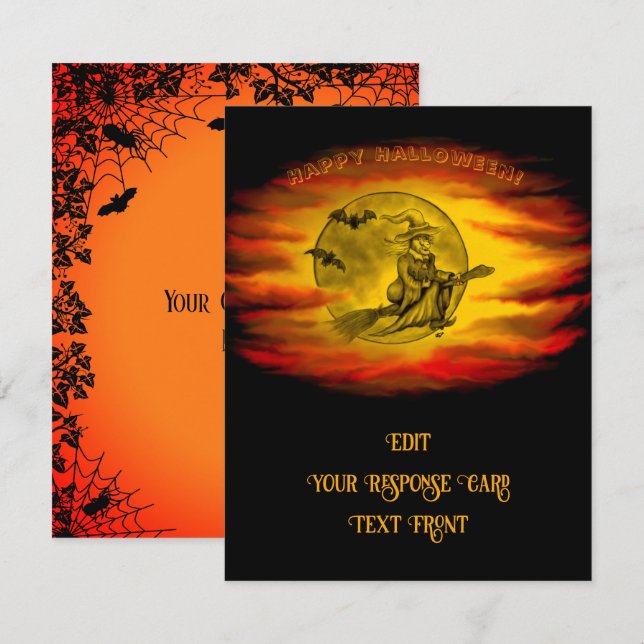 Cartons Réponse Sorcière volante avec chat noir, nuit halloween (Devant / Derrière)