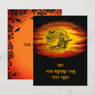 Cartons Réponse Sorcière volante avec chat noir, nuit halloween