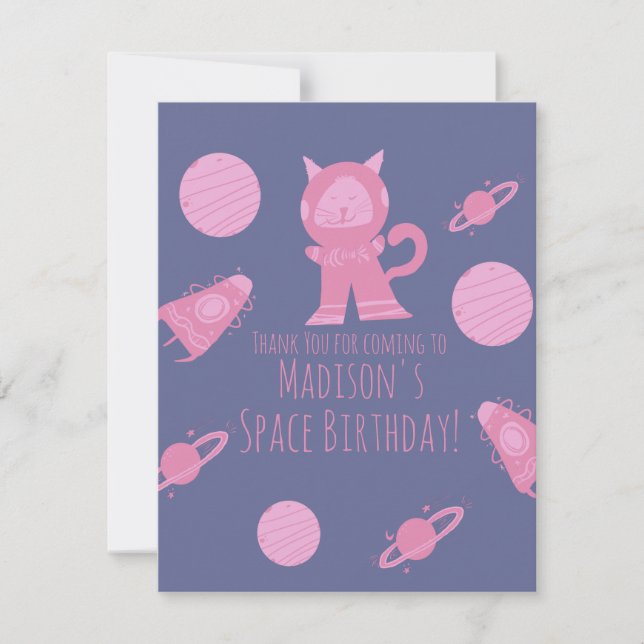 Cartons Réponse Space Cat Pink Galaxy Anniversaire Merci (Devant)