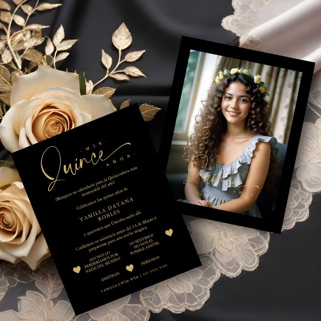 Cartons Réponse Spanish Black Trendy Quinceañera Collage 4 Photos (Spanish Black Trendy Quinceañera Collage 4 Photos RSVP Card. )