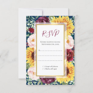 Cartons Réponse Sunflower Navy Blue Burgundy Gold Floral Mariage