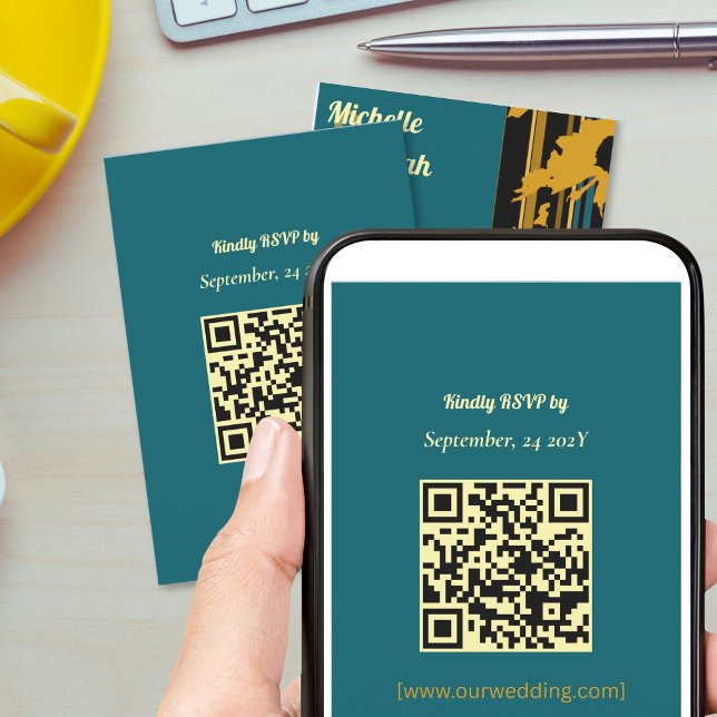 Cartons Réponse Sunflower Teal Blue Gold Modern QR Code Wedding  (Créateur téléchargé)