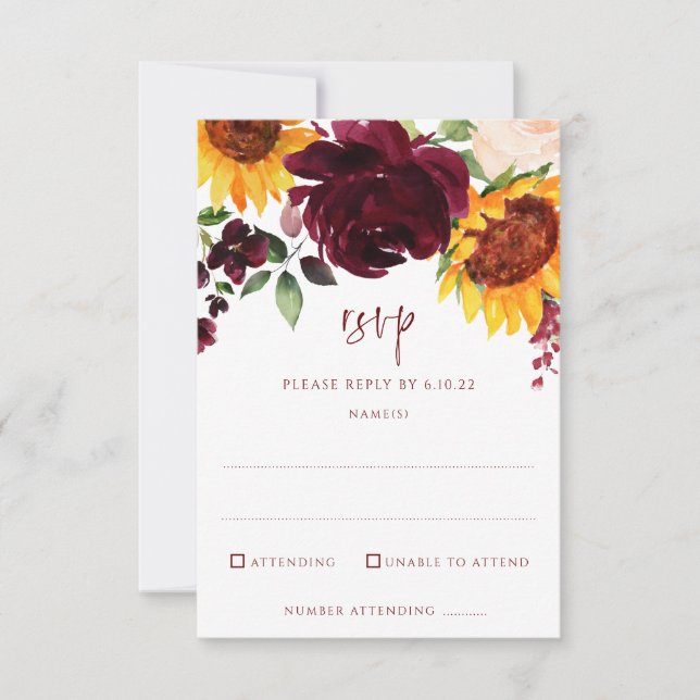 Cartons Réponse Sunflowers & Burgundy Red Roses Mariage de automne (Devant)