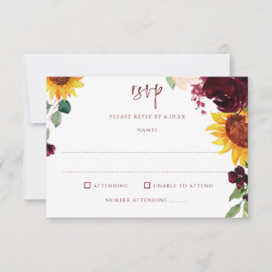 Cartons Réponse Sunflowers & Burgundy Red Roses Mariage de automne