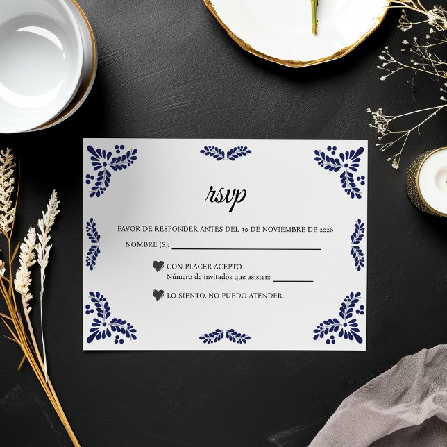 Cartons Réponse Talavera Black Floral Minimalist Spanish Wedding (Talavera Black Floral Minimalist Spanish Wedding RSVP Card)