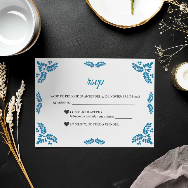 Cartons Réponse Talavera Turquoise Minimalist Spanish Wedding (Talavera Turquoise Minimalist Spanish Wedding RSVP Card)