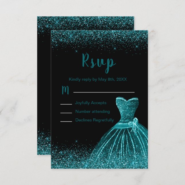 Cartons Réponse Teal Blue Dress Faux Glitter Sweet 16 Birthday (Devant / Derrière)