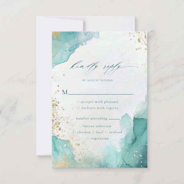 Cartons Réponse Teal Gold Abstract Beach Wedding Meal Options (Devant)