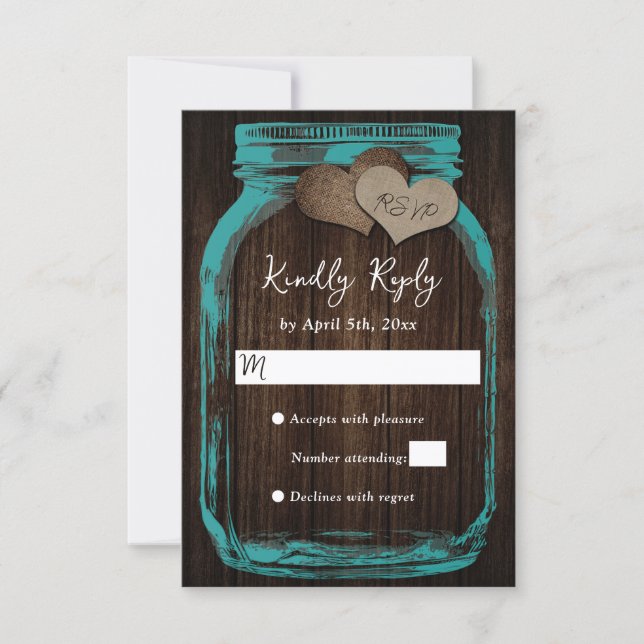 Cartons Réponse Teal Mason Jar Burlap Hearts Wood Wedding (Devant)