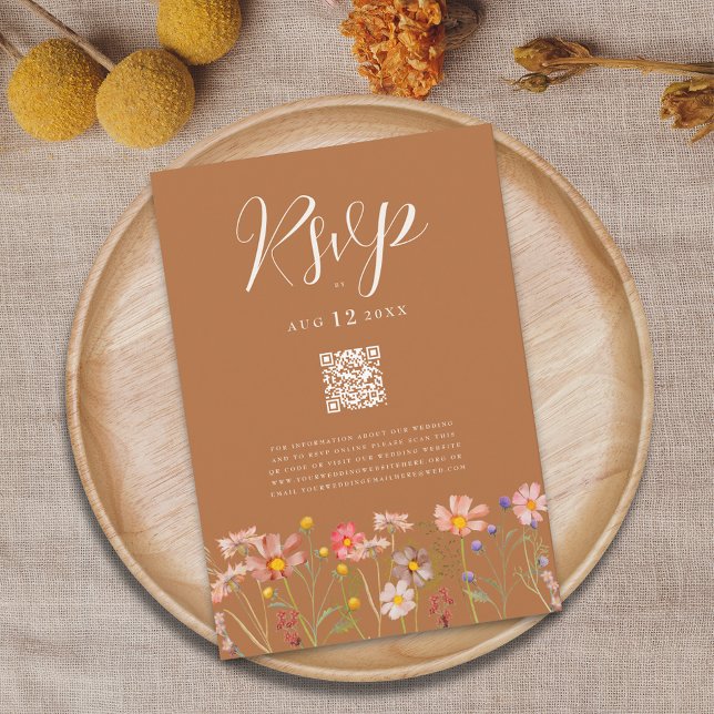 Cartons Réponse Terracotta Bohème Code QR Fleurs d'Automne Mariage (Terracotta boho Wildflower fall Wedding rsvp website qr code watercolor florals elegant script)