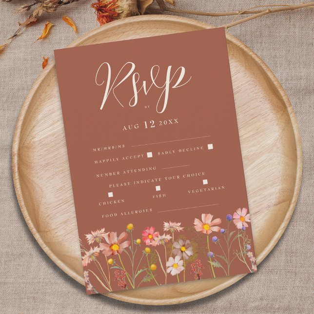 Cartons Réponse Terracotta Boho Fall Floral Meal Options Wedding (Wildflower boho fall floral terracotta rust orange beige wedding RSVP card elegant whimsical script)