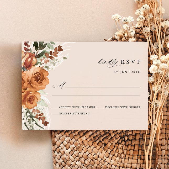 Cartons Réponse Terracotta Boho Rose Floral Watercolor Wedding (Terracotta rose floral boho RSVP card wedding stationery with pampas, watercolor, modern classic)