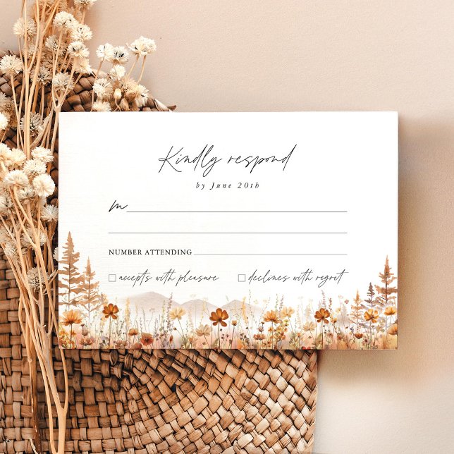 Cartons Réponse Terracotta Wildflower Mountain Wedding (Terracotta wildflower mountain wedding RSVP card with watercolor florals, boho stationery)