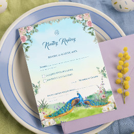 Cartons Réponse Thème de mariage floral élégant bleu paon