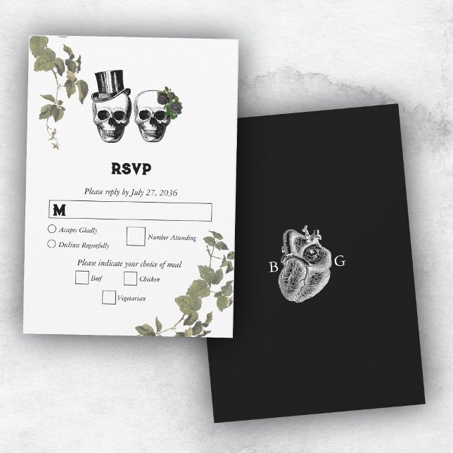 Cartons Réponse Til Death Coeur gothique Mariage des crânes florau (Til Death Gothic Heart Floral Skulls Wedding RSVP Card)