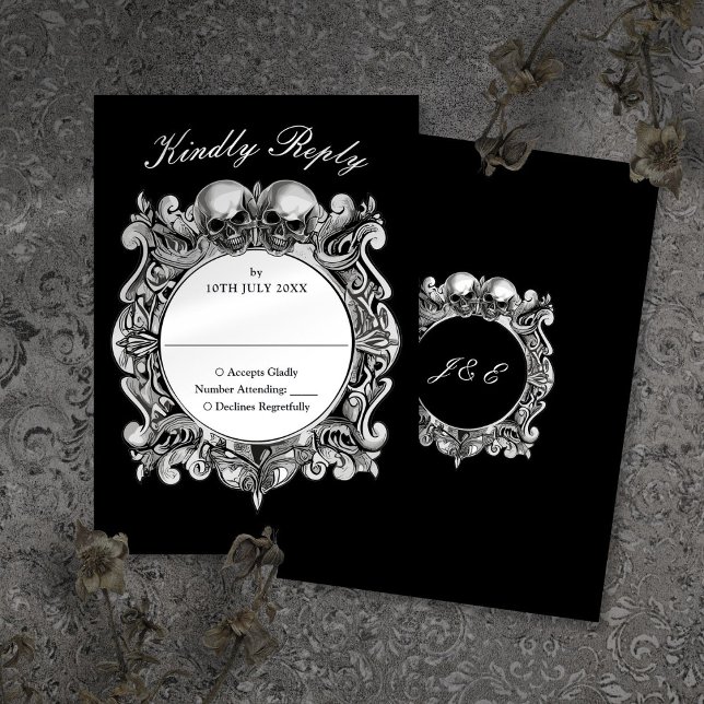 Cartons Réponse Till Death Gothic Skuls Monogramme Mariage (Till Death Gothic Skulls Monogram Wedding RSVP Card)