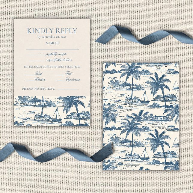 Cartons Réponse Toile de Jouy Côtière Classique Script Bleu Poussi (Coastal Toile Classic Script Dusty Blue RSVP Card)