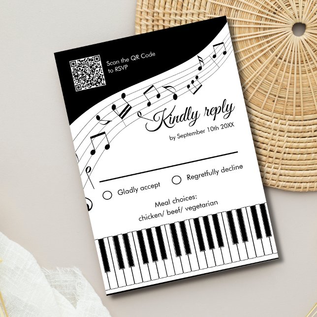 Cartons Réponse Touches de Piano Notes de Musique Code QR Mariage (Angled view song lyrics music lover with romantic piano keys wedding rsvp card)