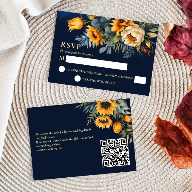 Cartons Réponse tournesol rustique bleu marine mariage de automne (Fall Summer wedding navy blue rustic sunflowers qr RSVP cards moody dark blue yellow )
