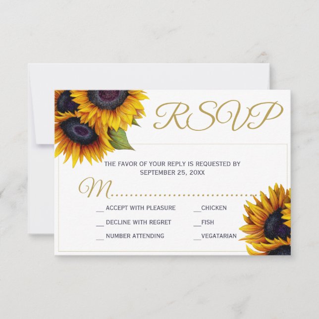 Cartons Réponse Tournesol rustique élégant script or chic mariage (Devant)