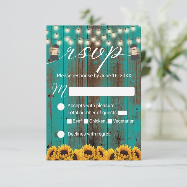 Cartons Réponse Tournesol rustique & Lanterne Turquoise mariage de (Debout devant)