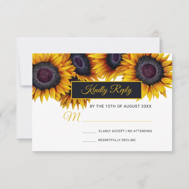 Cartons Réponse Tournesols en fleurs | Mariage Moderne Navy Or (Devant)