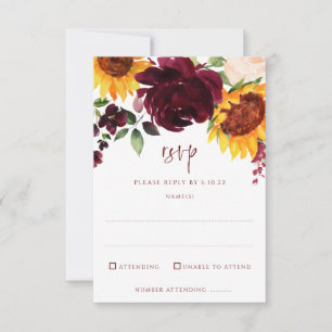 Cartons Réponse Tournesols et roses rouges de Bourgogne Mariage d'