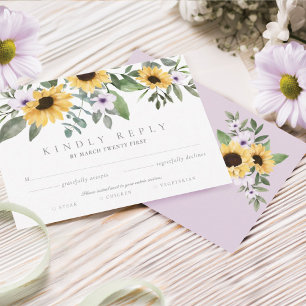Cartons Réponse Tournesols jaunes à l'aquarelle & fleurs violettes