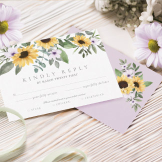 Cartons Réponse Tournesols jaunes à l'aquarelle & Fleurs violettes