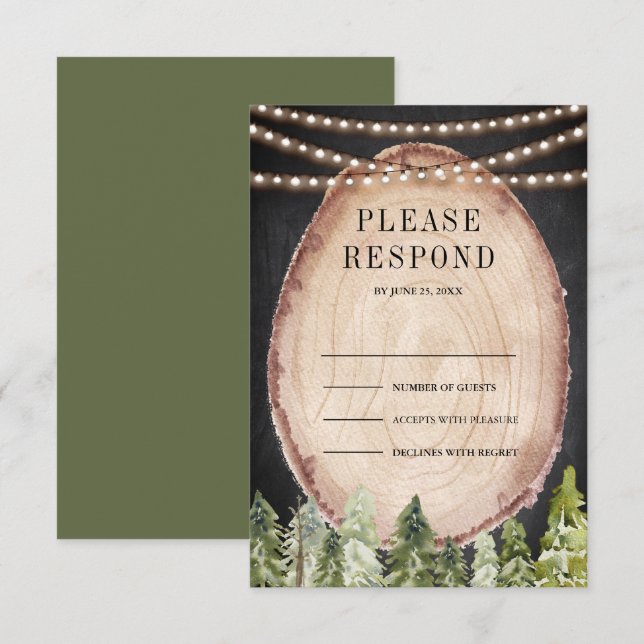 Cartons Réponse Tranche de bois de mariage forêt de pins rustique (Devant / Derrière)