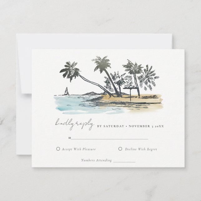 Cartons Réponse Tropical Beach Palm Tree Sketch Mariage d'aquarell (Devant)
