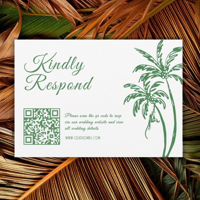 Cartons Réponse Tropical Coastal Retro Beach Green Wedding QR Code (Créateur téléchargé)