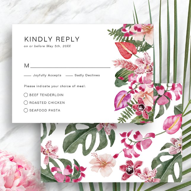 Cartons Réponse Tropical coloré (Elegant Colorful Tropical Floral  RSVP Card by Painted Paperie)