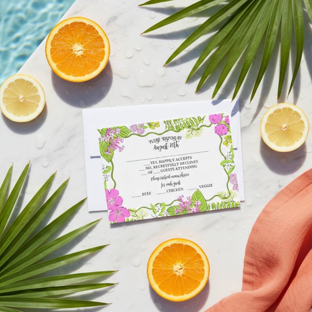 Cartons Réponse Tropical dessiné à la main rose et vert  (Tropical Hand Drawn Pink and Green RSVP Card)