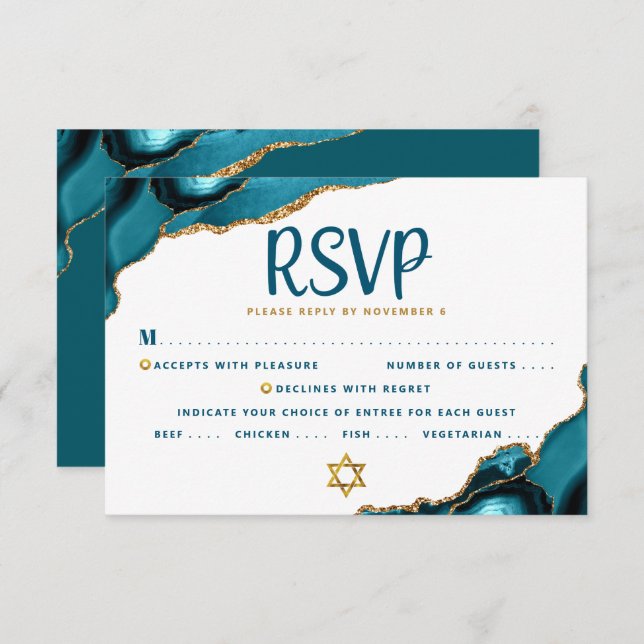 Cartons Réponse Turquoise Bar Mitzvah Agate Script Bold Modern (Devant / Derrière)