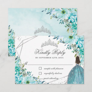 Cartons Réponse Turquoise Blue Floral Quinceañera Silver Princess