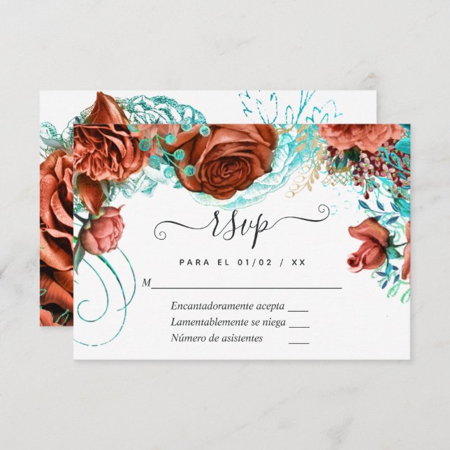 Cartons Réponse Turquoise espagnol - Turquoise et Mariage Floral C (Devant / Derrière)