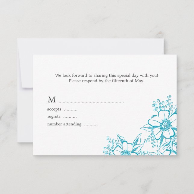 Cartons Réponse Turquoise Floral Letterpress Style Mariage (Devant)