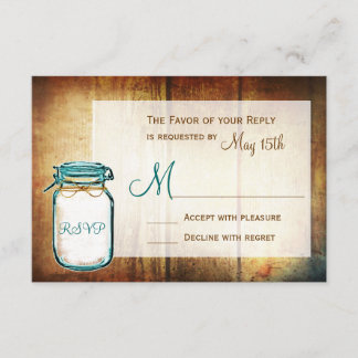 Cartons Réponse Turquoise Mason Jar Grange Bois Mariage rustique C