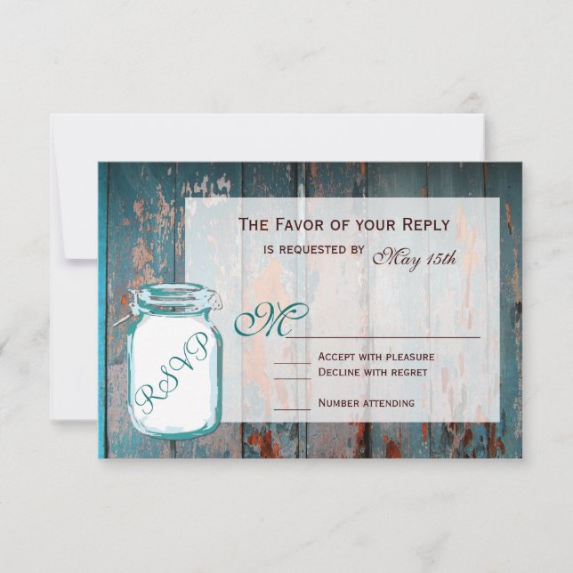 Cartons Réponse Turquoise Mason Jar Rustique Grange Bois Mariage R (Devant)