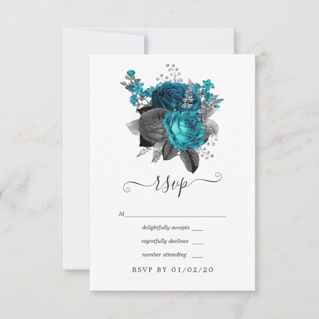 Cartons Réponse Turquoise - Sarcelle Mariage Fleur Noir et Argent (Devant)