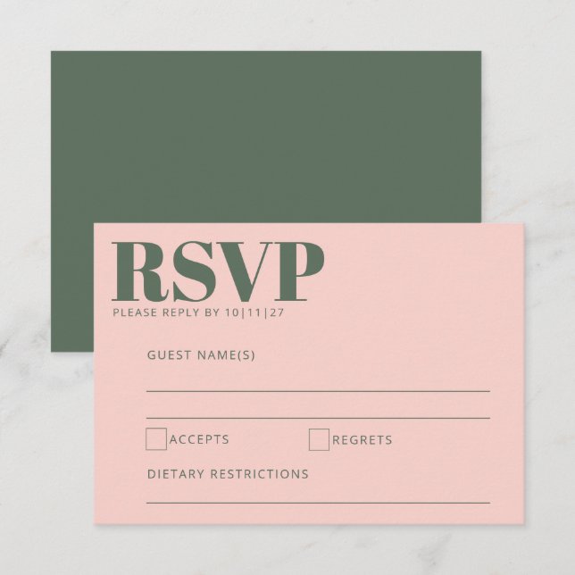 Cartons Réponse Typographie Gras Blush Pink Green Mariage moderne (Devant / Derrière)